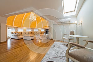 Interior of a luxury dome apartment villa, living room, domed ce