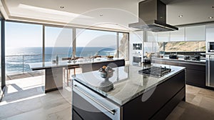 interior of new luxury house, kitchen and dining room with sea view, Generative AI