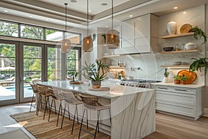 Interior of new luxury kitchen with white marble countertop and island, Modern decor architecture, generative ai