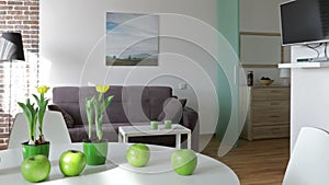 Interior of a new modern apartment in scandinavian style. Motion panoramic view