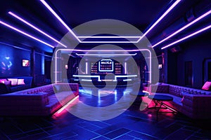 Interior of a night club with neon lights, 3d render, Stylish nightclub with neon spotlights, AI Generated