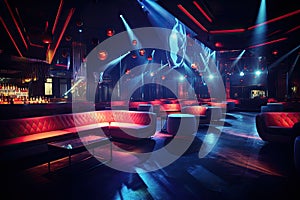 Interior of a night club with red sofa and lights. 3D rendering, colorful interior of bright and beautiful night club with dark
