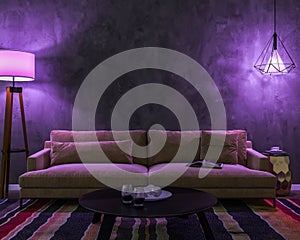 Night interior with violet colored lights