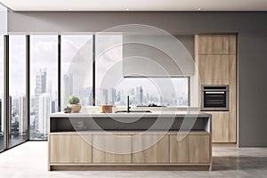 interior style decor island residential domestic cabinet wooden table design contemporary. Generative AI.