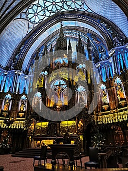 Interior of the Notre-Dame Basilica of Montreal in Montreal, Quebec, Canada