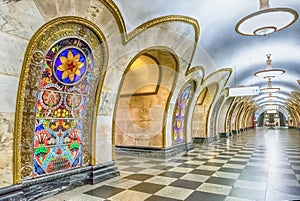 Interior of Novoslobodskaya subway station in Moscow, Russia