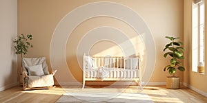 Interior of nursery baby room with crib, neutral colors, sunny day at spacious home