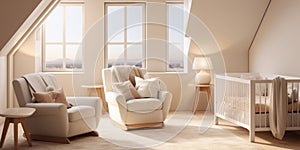 Interior of nursery baby room with crib, neutral colors, sunny day at spacious home