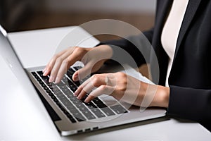 Interior office employee cyberspace financial businessman laptop working hands computer white technology business online