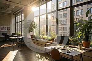 Interior of office with sunlight streaming through window