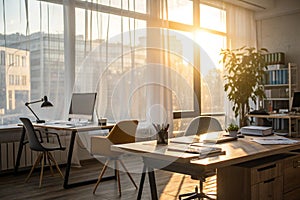 Interior of office with sunlight streaming through window