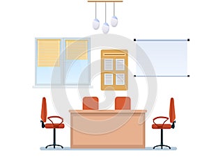 Interior of office working room with furniture, interactive whiteboard, chandelier.