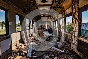 Interior of old abandoned broken railway wagon