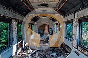 Interior of old abandoned broken railway wagon