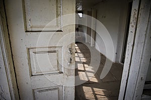 Interior of an old abandoned building. Interior of a vintage ruined dirty room. Daytime