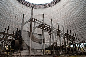 Interior of old abandoned grading cooling thermal tower near nuclear plant located in the Chernobyl ghost town