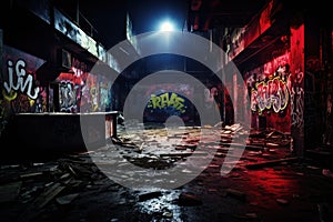 Interior of an old abandoned industrial building with graffiti on the walls, A vivid haunting image of an abandoned nightclub.