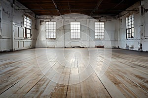 Interior of an old abandoned industrial building with windows and wooden floor