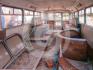 Interior of an old abandoned retro bus