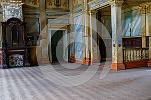 Interior of old abandoned Sharovka palace, also known as Sugar Palace in Kharkov region, Ukraine