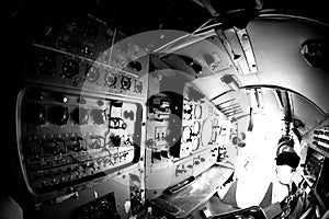 Interior of an old aircraft with control panel