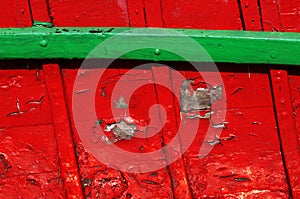 Interior of old boat with chipped wood