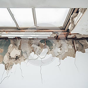 Interior of old building water damage causes cracked ceiling