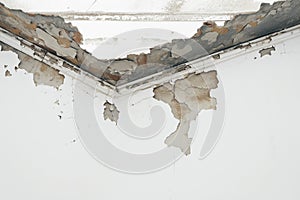 Interior of old building water damage causes cracked ceiling