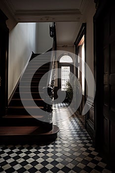 Interior of an old building with a window and a stairway. Corridor, hallway. Colonial, country style