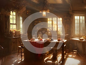 The interior of an old cluttered farmhouse kitchen with pots and jars stacked on shelves and breakfast food on a wooden table i