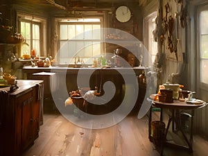 The interior of an old cluttered farmhouse kitchen with pots and jars stacked on shelves and food on a wooden table