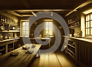 The interior of an old cluttered tudor period farmhouse kitchen with plates and jars stacked on shelves and food on a wooden table