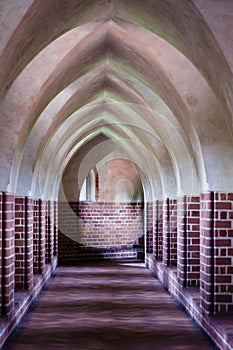 Interior of old empty hall. Arch of castle. Medieval architecture.