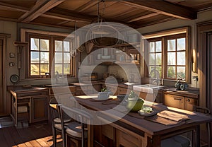 the interior of an old fashioned rural kitchen with a wooden beam ceiling and table with light reflected on the floor.
