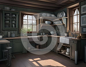 the interior of an old fashioned rural kitchen with a wooden ceiling and table with light reflected on the floor.