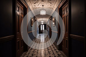 Interior of an old hospital, or apartment corridor with wooden doors and tile floor. Colonial, country style