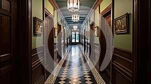 Interior of an old hospital, or apartment corridor with wooden doors and tile floor. Colonial, country style