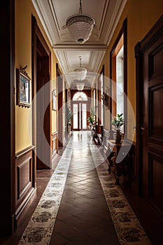 Interior of an old hotel corridor with wooden doors and windows. Colonial, country style