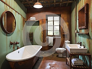 interior of a old house, rusty bathroom room