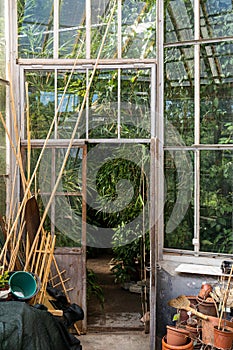 Interior of old indoor garden or glassnhouse with open door, clay flower pots, accessories