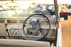 Interior of old Land Rover in the desert of Dubai - UAE