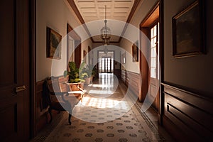 Interior of an old mansion with a long corridor and a chair. Colonial, country style