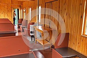 The interior of an old passenger rail car. Novosibirsk Museum of