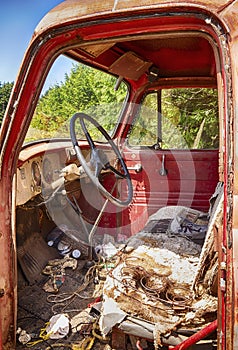 Interior Of Old Red Truck