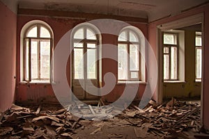 Interior of old ruined room in abandoned mansion in Voronezh, Russia