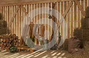 The interior of the old rural barn with bales of hay, firewood, tools for work. Rays of light through the cracks inside. 3D visual