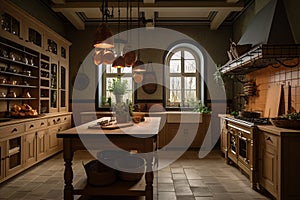 Interior of an old rustic, colonial kitchen in a classic style