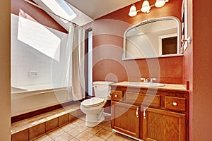 Interior of old style bathroom in brown color with tile floor