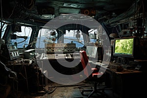 Interior of an old submarine with a computer and control panel, Control room of shipwreck, AI Generated