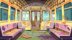 The interior of an old subway train car is broken